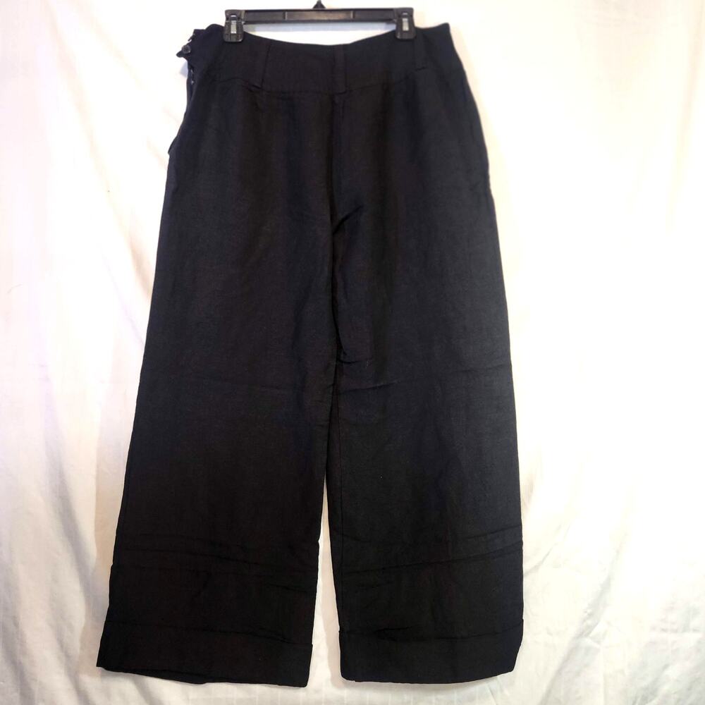 Larry Levine Black Linen Rayon Wide Leg Pants Side Button Trouser Womens Size 14